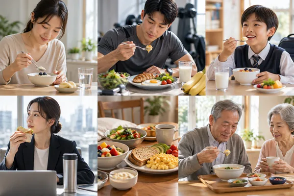 상황별로 아침 식사를 다르게 구성하는 방법 관련 AI 생성 예시 이미지